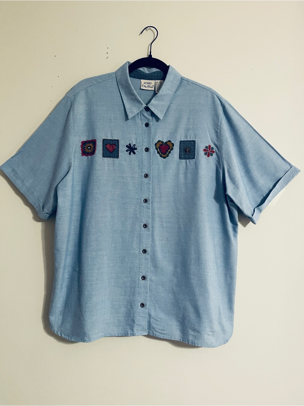 Vtg Koret City Blues Chambray Shirt 18W Embroidery Beads Crochet 90’s Teacher
